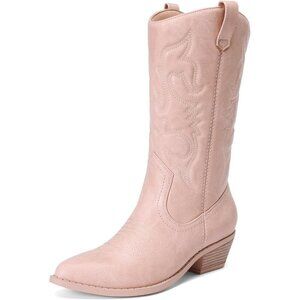 Women's Pink Pointed Toe Pull On Wide Calf Pu Chunky Low Heel Cowgirl Boots
